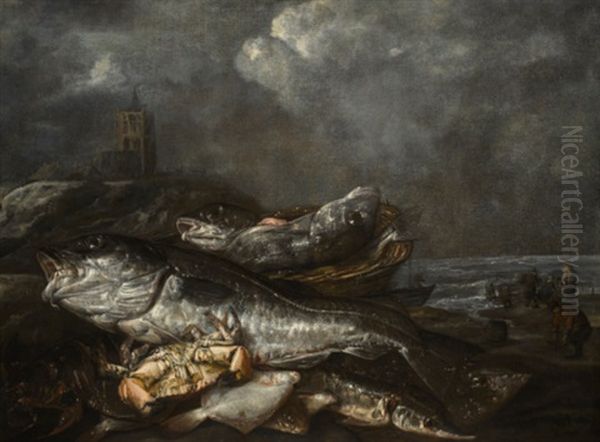 Still Life With Fish On The Beach At Egmond Oil Painting by Abraham van Beyeren