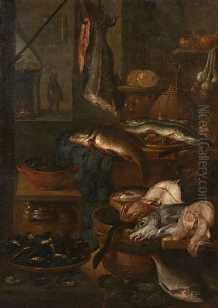 Poissons Et Coquillages Dans Un Interieur De Cuisine Oil Painting by Abraham van Beyeren