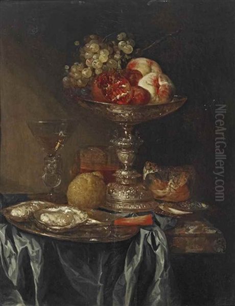 Grapes, Pomegranates And Peaches In A Silver Tazza, Oysters On A Pewter Plate, A Facon-de-venice Glass With White Wine, A Glass Of Beer, A Lemon And A Bread Roll, On A Partially Draped Marble Table Oil Painting by Abraham van Beyeren