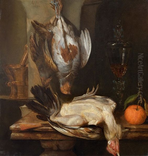 Still-life On A Marble Table With Fowl, An Orange, A Glass Goblet, A Knife And A Brass Mortar In A Niche Oil Painting by Abraham van Beyeren