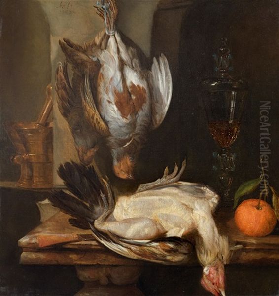 Stillleben Auf Einem Marmortisch Mit Vogelvieh, Einer Orange, Einem Glaspokal, Einem Messer Und Einem Messingmorser In Einer Nische Oil Painting by Abraham van Beyeren