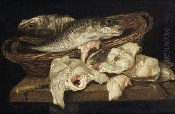 A Still Life Of Fish In A Wicker Basket Oil Painting by Abraham van Beyeren