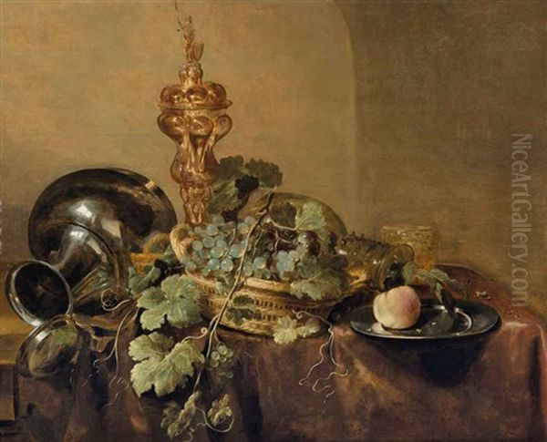 Aiguiere, Plat En Etain Et Panier De Raisins Sur Une Table Drapee Oil Painting by Abraham van Beyeren