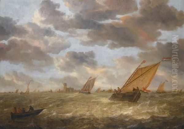 Dutch Shipping In A Stiff Breeze With A View Of Dordrecht Beyond Oil Painting by Abraham van Beyeren