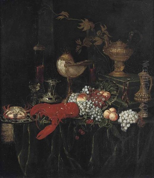 A Lobster, A Crab On An Enamelled Plate, Peaches, Grapes, Glasses Of Wine And Guilded Vessels On A Draped Table Oil Painting by Abraham van Beyeren