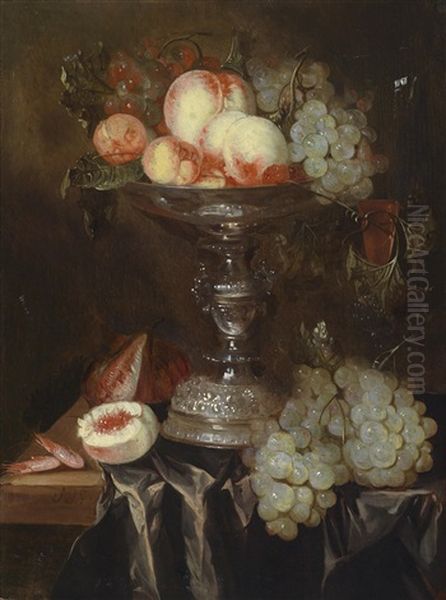 Ein Stillleben Mit Fruchten In Einer Silbernen Tazza Auf Einer Stoffbedeckten Tischkante Oil Painting by Abraham van Beyeren