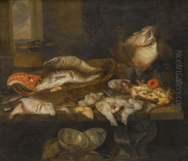 A Still Life With Salmon, Plaice, A Crab And Other Fish Arranged On A Table, A View Of The Sea Beyond Oil Painting by Abraham van Beyeren