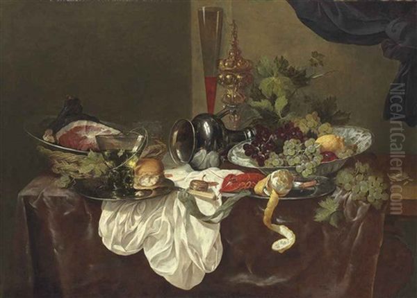 A Roemer, A Langoustine And A Ham On Pewter Plates, With An Upturned Pewter Jug, On A Partially Draped Table Oil Painting by Abraham van Beyeren