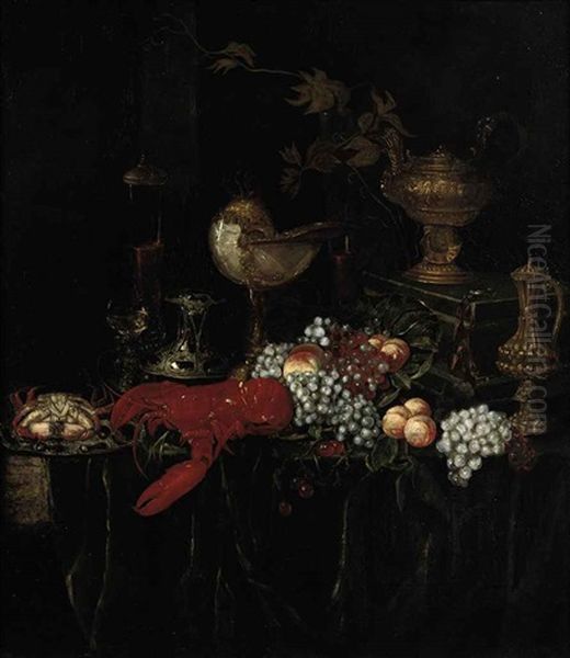 A Lobster, A Crab On An Enameled Plate, Peaches, Grapes, Glasses Of Wine And Gilded Vessels On A Draped Table Oil Painting by Abraham van Beyeren