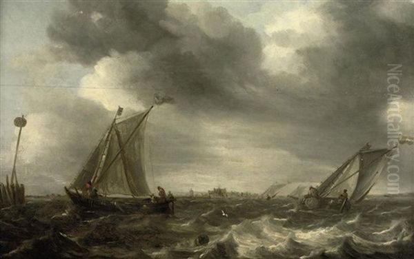 Shipping In Choppy Waters, A Town In The Distance Oil Painting by Abraham van Beyeren