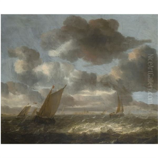 Small Sailing Vessels In A Short Chop, A View Of A Town Beyond Oil Painting by Abraham van Beyeren