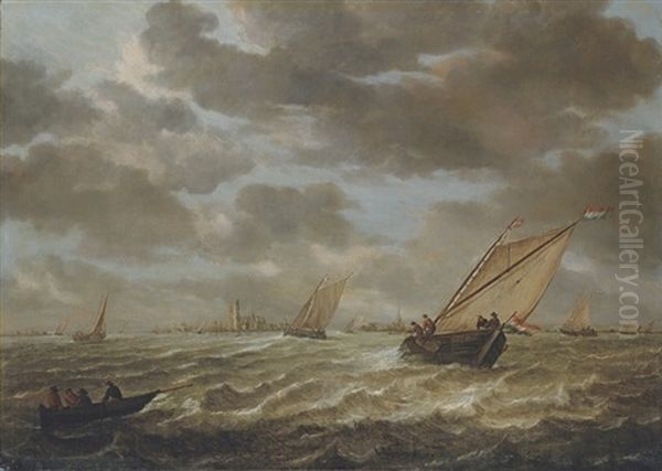 Shipping On The Maas, With A View Of Rotterdam Beyond by Abraham van Beyeren