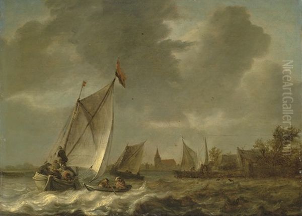 Coastal Landscape With Sailing Boats In Choppy Seas Oil Painting by Abraham van Beyeren