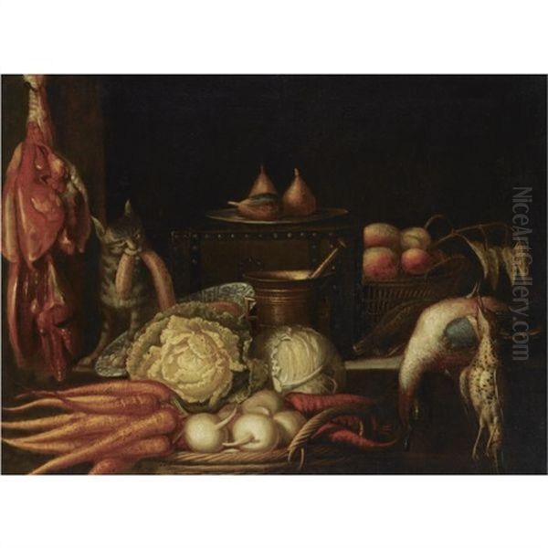 A Kitchen Still Life With Carrots, A Cabbage And Turnip Radishes, With A Copper Pot, Dead Poultry And A Leg Of Ham Suspended From A Hook Oil Painting by Abraham van Beyeren