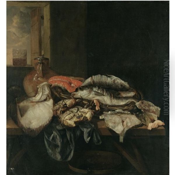 Still Life With Various Fish And Crustaceans On A Table Beneath An Open Window Oil Painting by Abraham van Beyeren