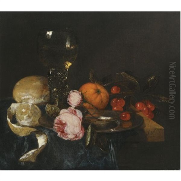 A Still Life With A Roemer, A Peeled Lemon, Bread, Roses On A Pewter Plate, An Orange And Cherries, All On A Draped Table Oil Painting by Abraham van Beyeren