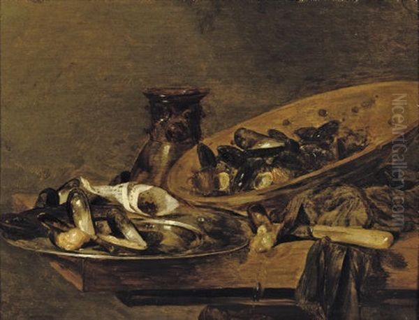 Mussels In Pewter And Earthenware Plates, On A Wooden Table Oil Painting by Abraham van Beyeren