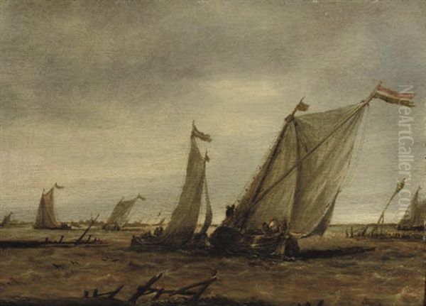 Fishing Boats In Choppy Waters Oil Painting by Abraham van Beyeren