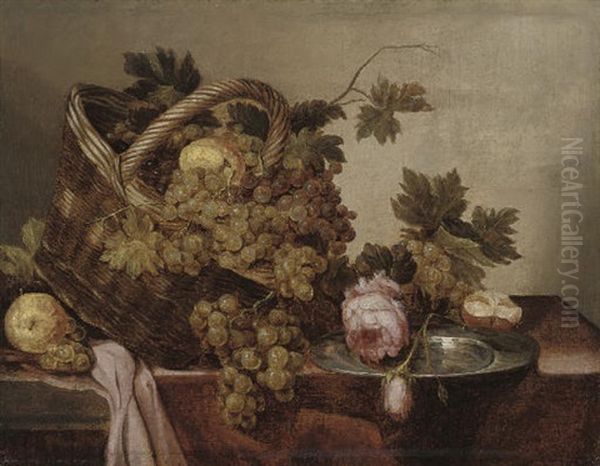 A Basket Of Grapes And Apples, With Roses And A Pewter Platter On A Table Oil Painting by Abraham van Beyeren