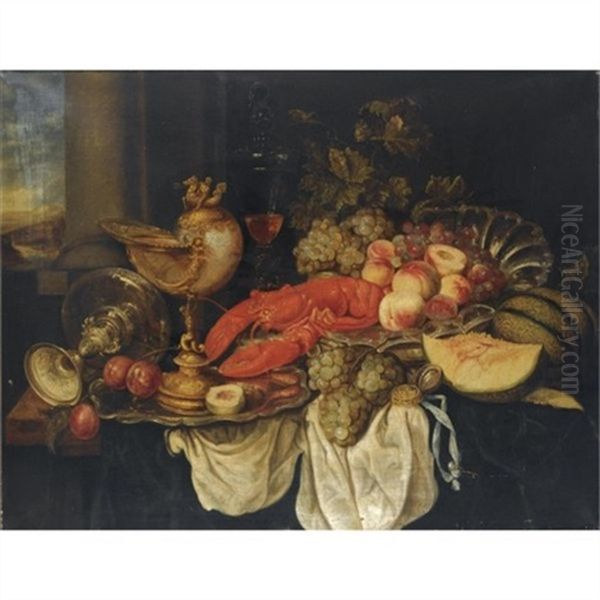 A Sumptuous Still Life With A Lobster, A Nautilus Cup, Grapes, A Tazza, Peaches And Other Fruit On A Draped Table Oil Painting by Abraham van Beyeren