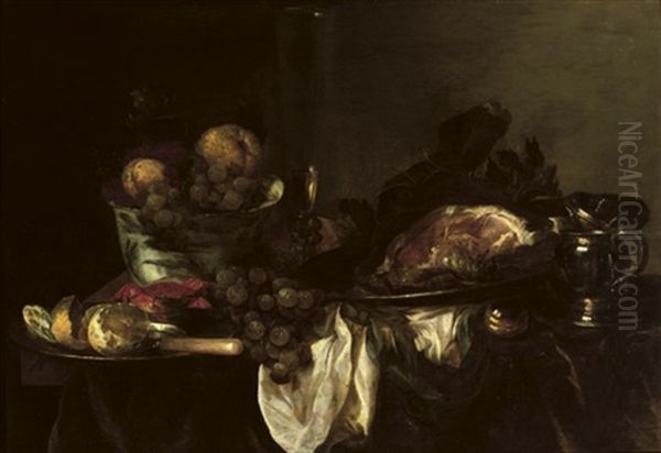 A Blue And White Porcelain Bowl With Fruit, A Facon De Venise Of White Wine, A Leg Of Ham On A Silver Platter, A Silver Jug, A Pocket Watch, A Silver Plate With A Peeled Lemon And A Crab Oil Painting by Abraham van Beyeren