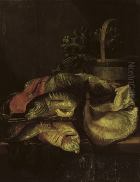 Various Fish Near A Wooden Basket With Artichokes, All On A Table Oil Painting by Abraham van Beyeren