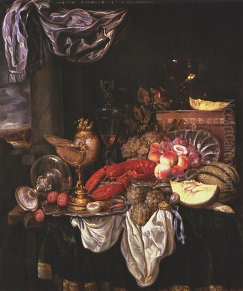 Stillleben Mit Fruchten, Hummer, Pokalen Und Uhr Oil Painting by Abraham van Beyeren