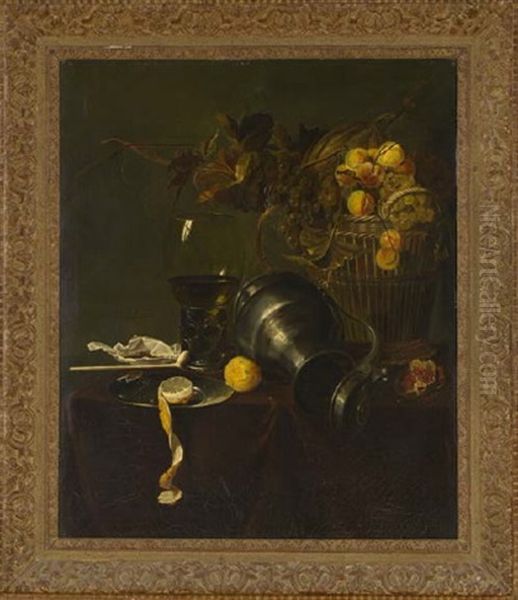 A Platter Of Fruit, Flowers And A Lobster On A Partially Draped Table (+ A Roemer, Silver Ewer And A Partly Peeled Lemon; Pair) Oil Painting by Abraham van Beyeren