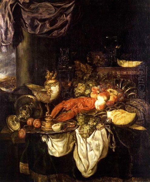 Nature Morte Au Homard, Aux Fruits Et Aux Raisins Avec Un Nautile, Une Coupe En Argent Et Des Verres Oil Painting by Abraham van Beyeren