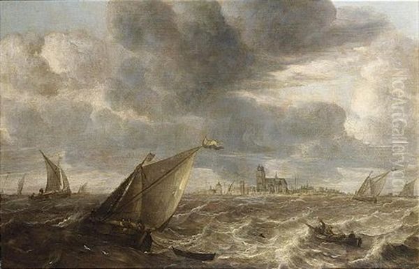 A River Landscape With Fishing Boats In A Strong Breeze Before A Town (dordrecht?) Oil Painting by Abraham van Beyeren