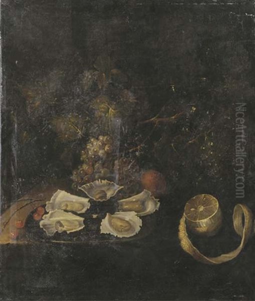 Oysters On A Platter With A Partly Peeled Lemon, Grapes, Cherries And An Orange On A Draped Table Oil Painting by Abraham van Beyeren