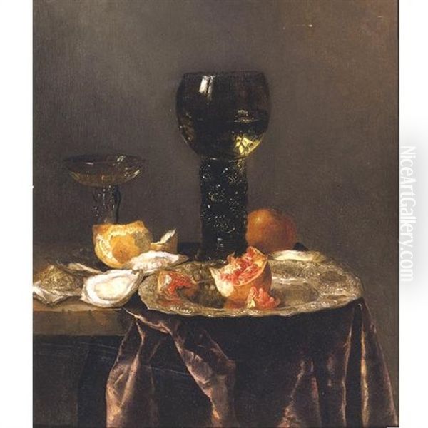 Still Life With A Roemer, A Pomegranate And Oysters All Resting On A Partially Draped Table Oil Painting by Abraham van Beyeren