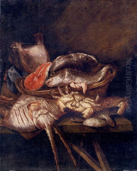 Fish In A Basket With Crabs, Rays And Other Fish On A Wooden Table Oil Painting by Abraham van Beyeren