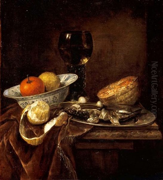 Still Life Of An Orange And A Lemon In A Porcelain Bowl, A Roemer, A Melon, A Sliced Herring On A Pewter Plate, And A Peeled Lemon Together On A Table Draped With A Velvet Cloth Oil Painting by Abraham van Beyeren