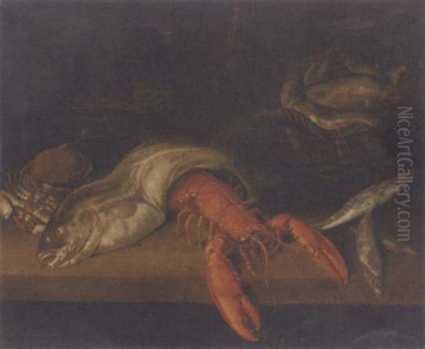 A Lobster, A Basket Of Fish, A Crab, A Cod And Other Fish On A Ledge Oil Painting by Abraham van Beyeren