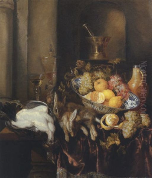 Grapes, Lemons, And Oranges In A Porselein Bowl, With A Plucked Chicken And Two Hares, And Two Glasses On A Draped Ledge, Other Objects In A Niche Beyond Oil Painting by Abraham van Beyeren