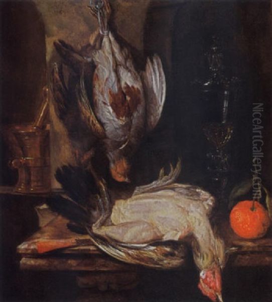 A Still Life With A Partridge, A Turkey, A Bitter Orange, A Glass Goblet Together With A Mortar And A Knife, All On A Marble Ledge Oil Painting by Abraham van Beyeren