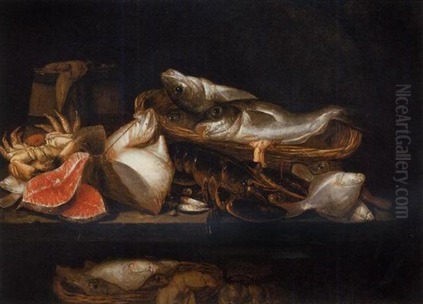 A Lobster, Salmon Steaks, Cod In A Basket, Plaice, A Skate, A Crab, Mussels And Other Fish On A Stone Table, A Barrel Beyond Oil Painting by Abraham van Beyeren