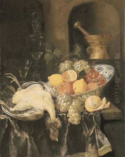 Grapes, Lemons, And Oranges In A Porselein Bowl, With A Plucked Chicken And Two Facon-de-venise Glasses, A Sculpted Mortar And Pestle In A Niche Beyond Oil Painting by Abraham van Beyeren