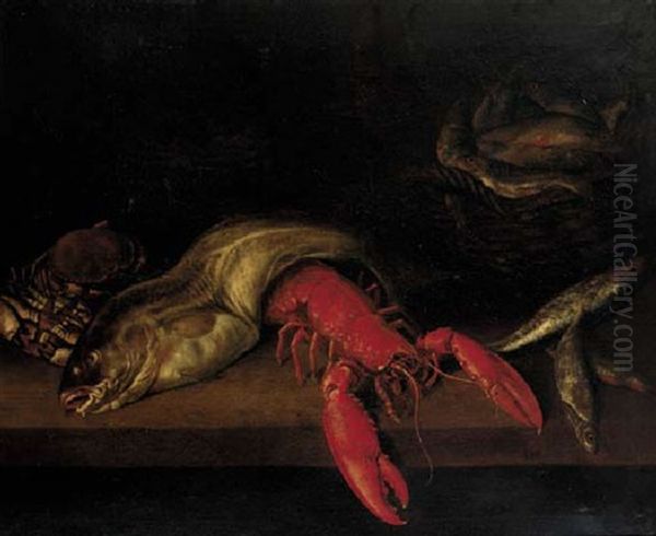 A Lobster, A Cod, A Crab And Other Fish With A Basket Of Fish On A Ledge Oil Painting by Abraham van Beyeren