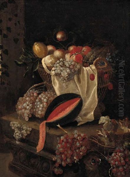 Grapes, Peaches, Cherries, Peeled Lemons And Melons In A Basket, With A Butterfly On A Stone Ledge Oil Painting by Abraham van Beyeren