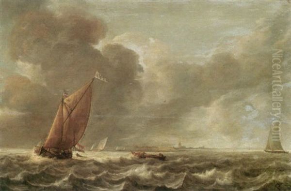 Seascape With A Smalschip And Other Light Vessels In A Stiff Breeze by Abraham van Beyeren