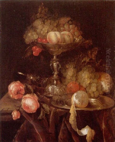 Still Life Of Fruit In A Silver Tazza Together With Grapes, Bread, Roses, A Wine Glass And A Peeled Lemon On A Pewter Dish, On A Ledge Draped With Brown Cloth Oil Painting by Abraham van Beyeren