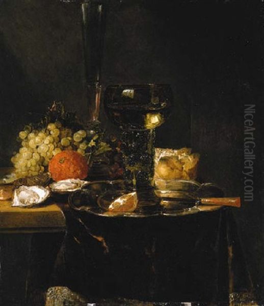 A Roemer, A Knife And An Orange Segment On A Silver Platter, With Oysters, Grapes And Other Food On A Partially Draped Table Oil Painting by Abraham van Beyeren