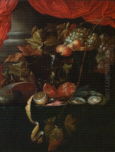 A Partly Peeled Lemon, Pomegranate, Prawns And Oysters On A Salver With A Roemer Oil Painting by Abraham van Beyeren