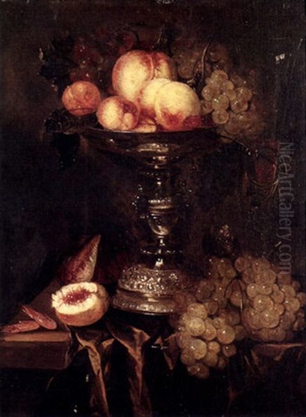 A Still Life With Peaches And Grapes In A Silver Bowl And Other Fruit On A Tabletop Oil Painting by Abraham van Beyeren