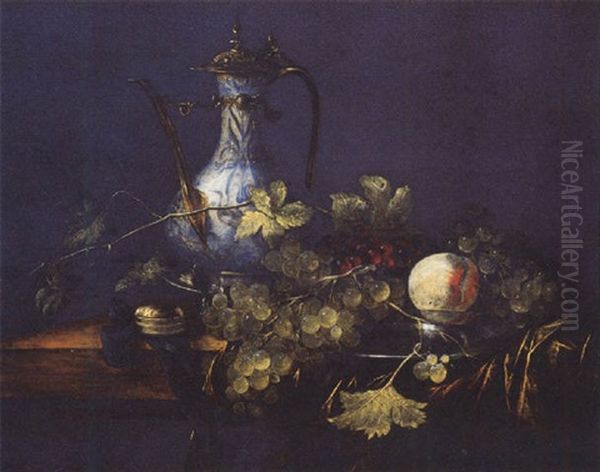 A Chinese Porcelain Jug, Grapes And A Peach On A Pewter Plate With A Fobwatch On A Draped Ledge Oil Painting by Abraham van Beyeren