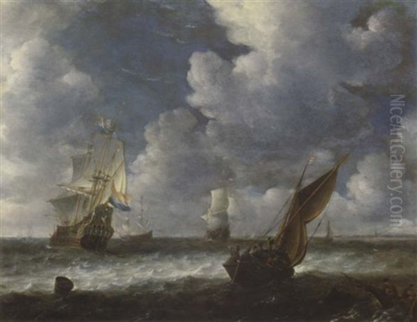 A Dutch Kaag Close Hauled In A Stiff Breeze With Men-o-war Beyond Oil Painting by Abraham van Beyeren