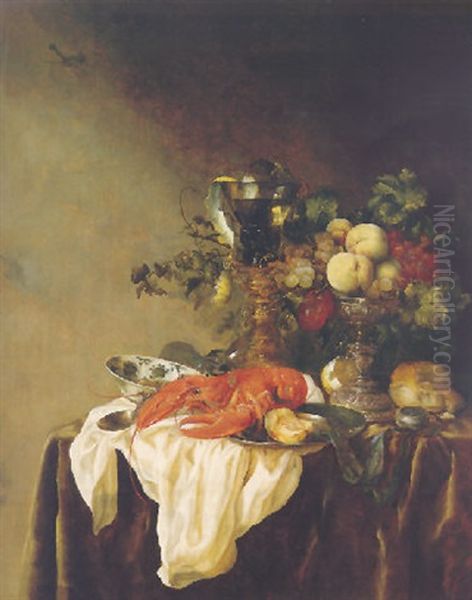 A Banketje Still Life Of Fruit In A Silver Tazza, A Lobster, A Roemer And Other Objects On A White Cloth On A Velvet-draped Table by Abraham van Beyeren