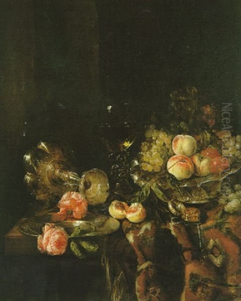 Nature Morte Au Plat De Fruits, Verre De Vin Et Roses Sur Un Entablement by Abraham van Beyeren